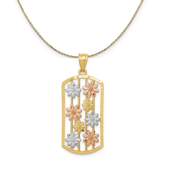 14k Yellow & Rose Gold with Rhodium Daisy Dog Tag Necklace - 24 Inch